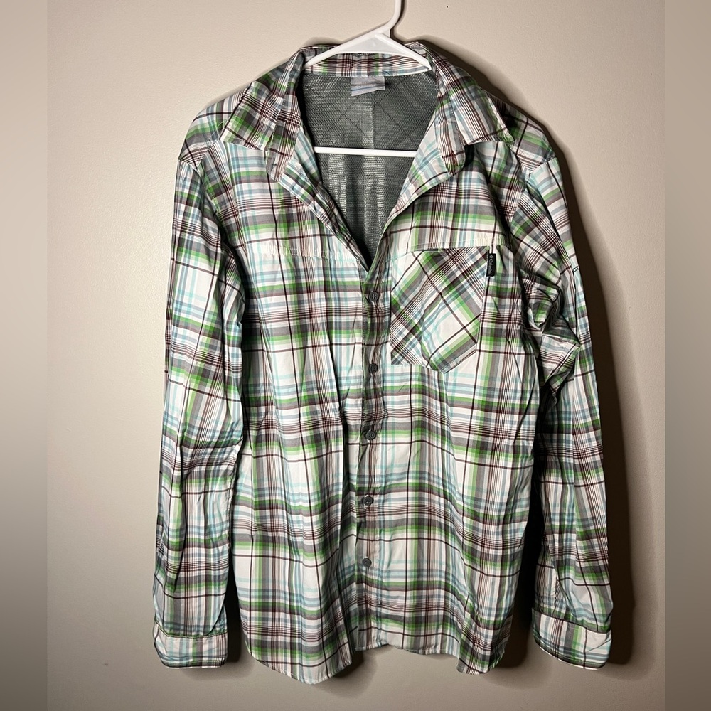 Columbia Insect Blocker long-sleeve brown and green plaid button-down shirt M